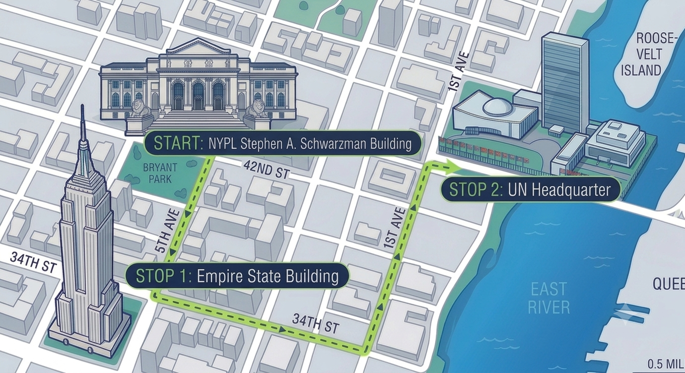 Sample Manhattan route from
NYPL Stephen A. Schwarzman Building to Empire State Building and UN
Headquarters.